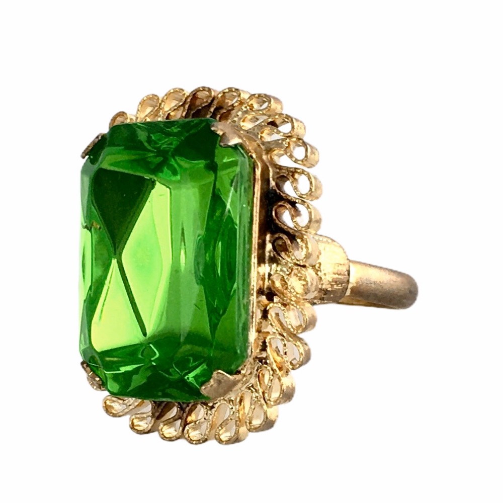 Vintage Czech Glass Huge Green Stone Ring